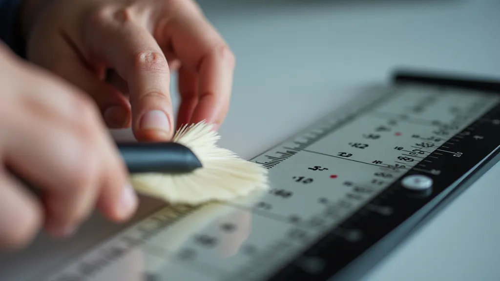 Person cleaning a slide rule with a brush