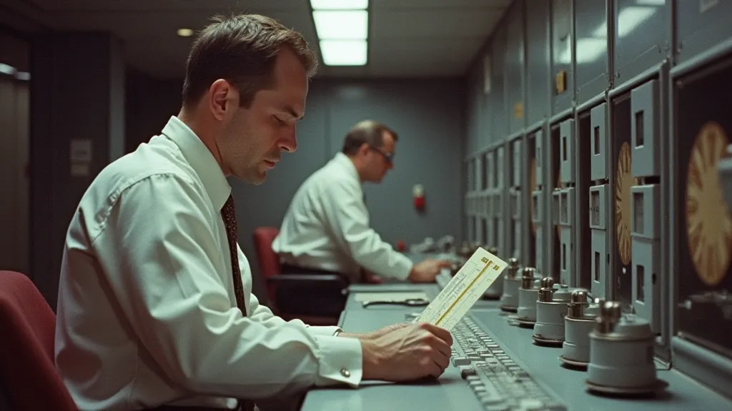 Engineer using slide rule in NASA control room