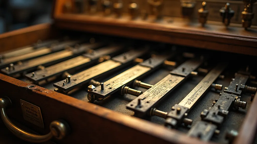 Slide rules displayed in a vintage machinist's chest