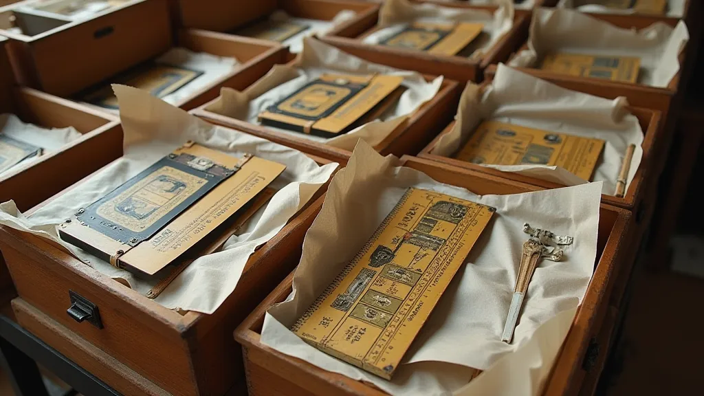 Slide rules stored in wooden boxes with tissue paper