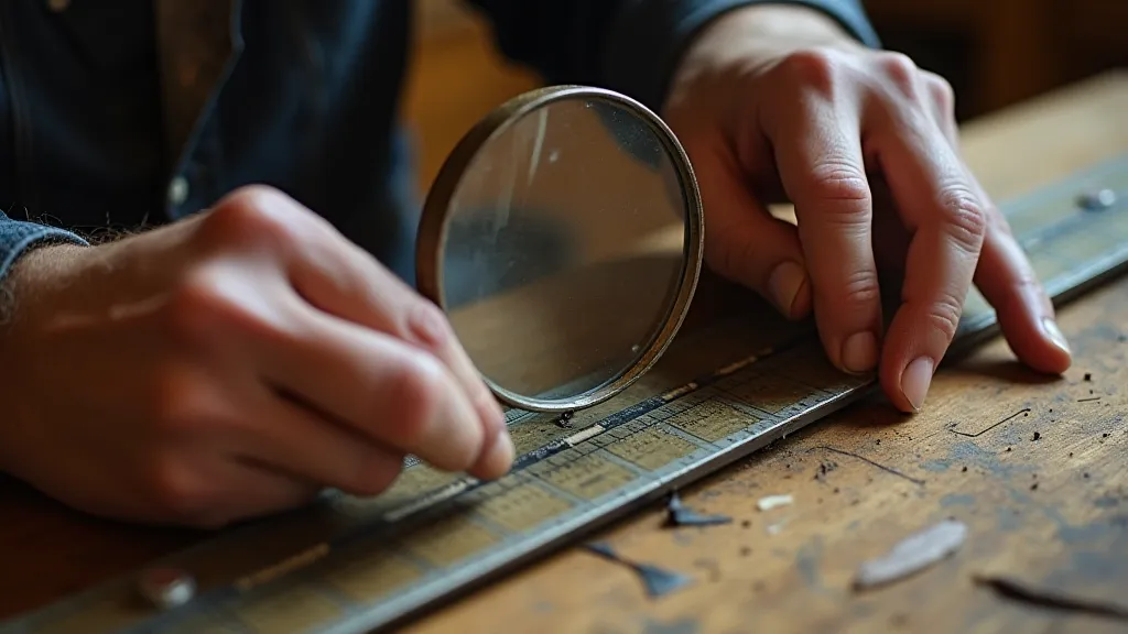 Close-up of a craftsman inspecting a slide rule scale