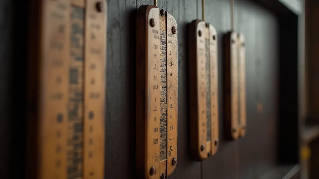 Vintage slide rules mounted on a wall