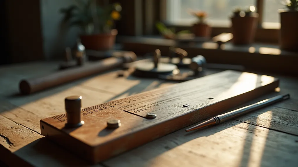 Vintage mahogany slide rule on a workbench.